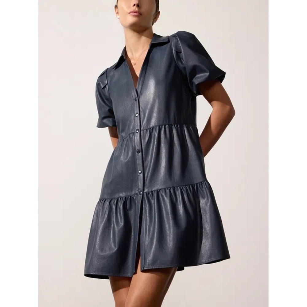 Brochu Walker Havana Mini Dress Admiral Blue Vegan Leather Tiered Sz S